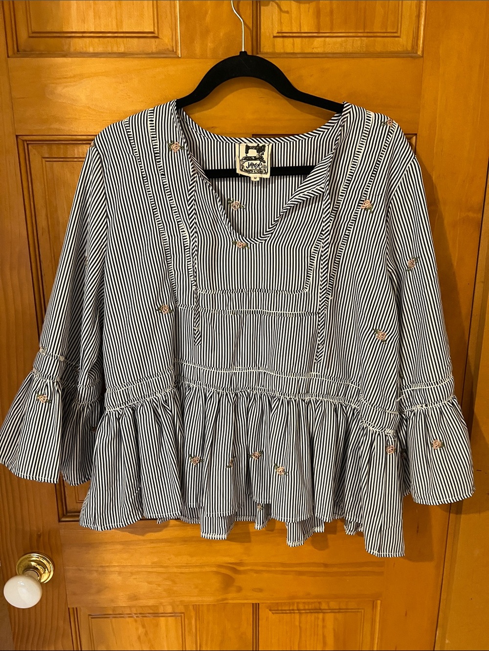 Jaase Navy & White Striped Ruffle Peasant Blouse